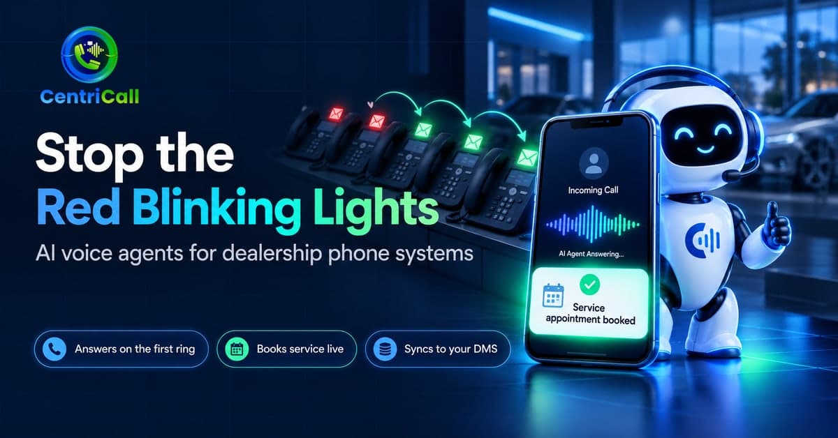 AI voice agent answering a dealership call and booking a service appointment while desk phone message lights turn from red to green